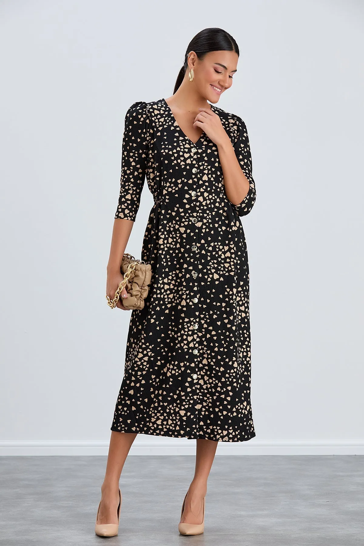 Boho Charm Elastic Waist Shirt Dress in Black print