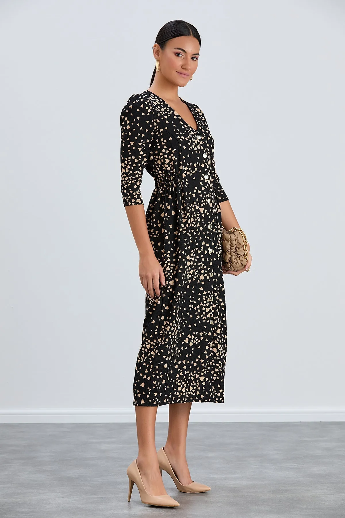 Boho Charm Elastic Waist Shirt Dress in Black print