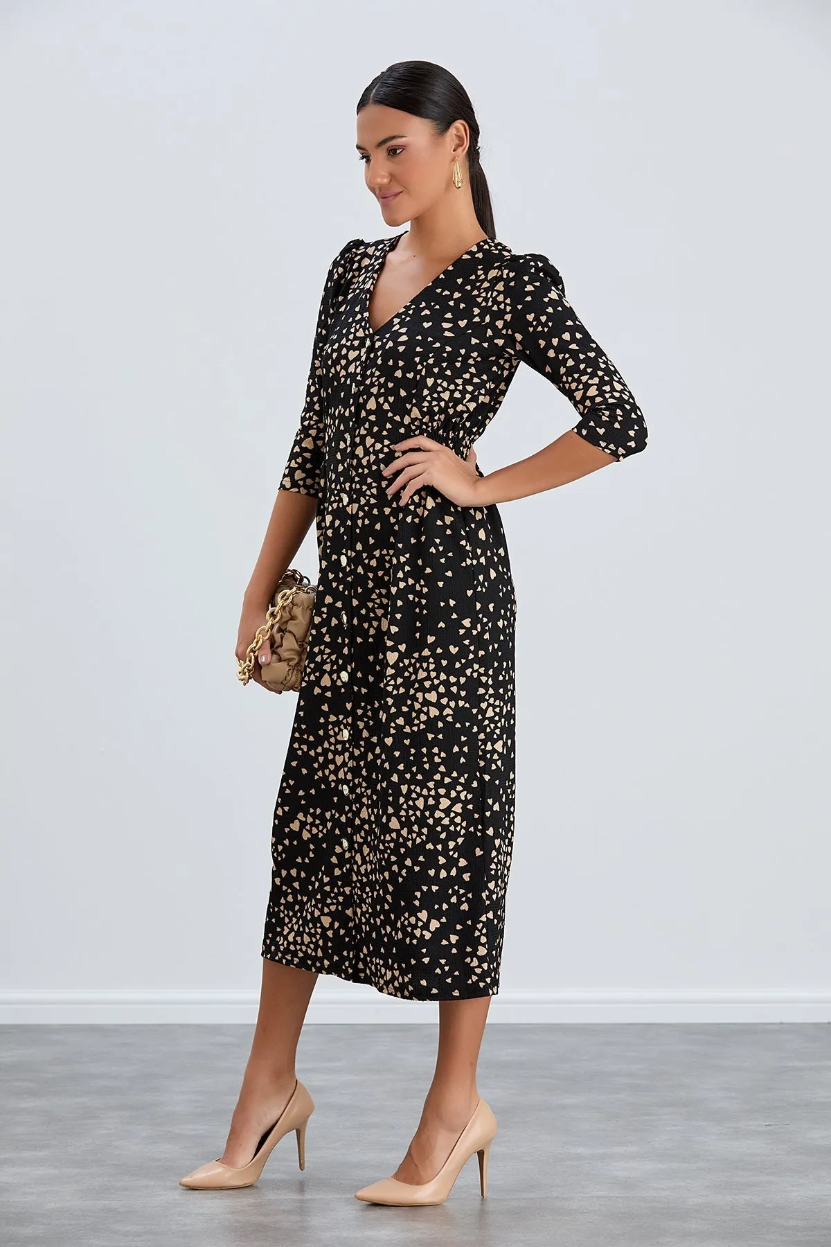 Boho Charm Elastic Waist Shirt Dress in Black print