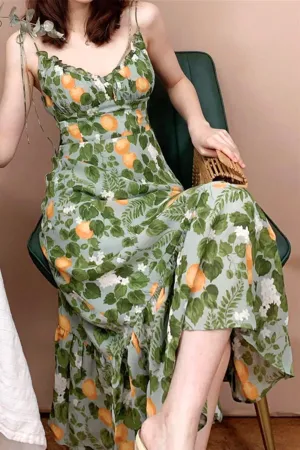 Boho Midi Dress, Strappy Sundress, Madarin Garden Green