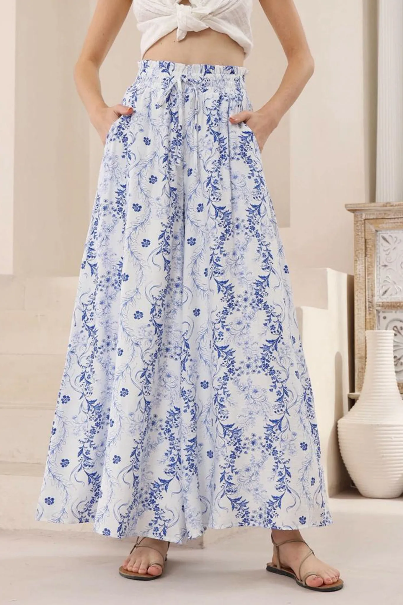 Charli Pants -  Paper Bag High Waisted Wide Leg Pants in Meadow Print