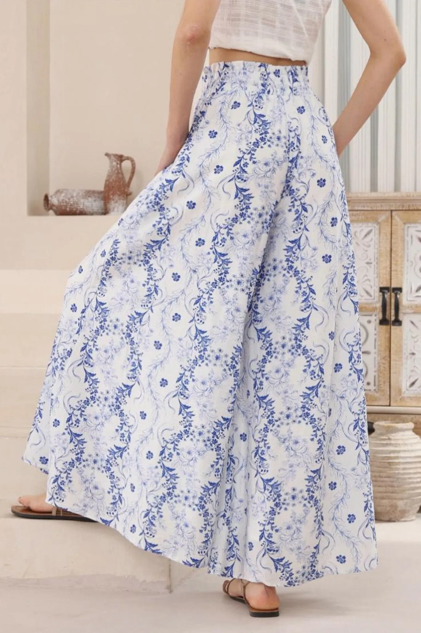 Charli Pants -  Paper Bag High Waisted Wide Leg Pants in Meadow Print