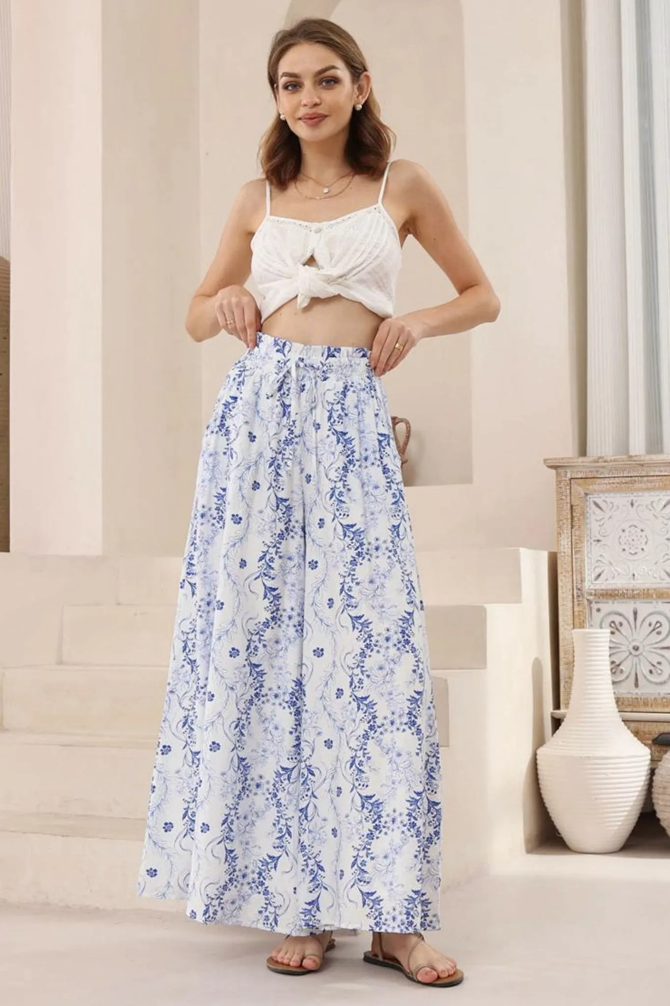 Charli Pants -  Paper Bag High Waisted Wide Leg Pants in Meadow Print