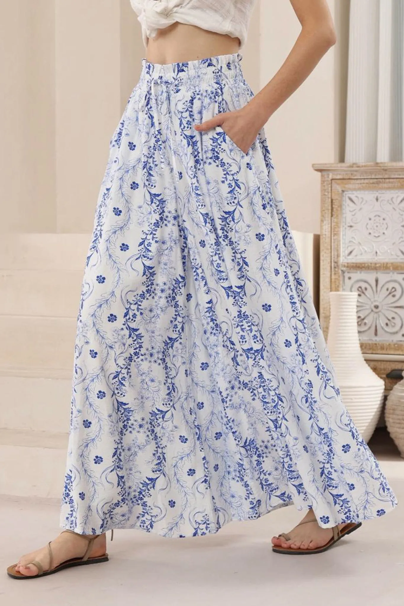 Charli Pants -  Paper Bag High Waisted Wide Leg Pants in Meadow Print