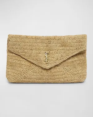 Large YSL Envelope Pouch Clutch Bag in Raffia & Leather