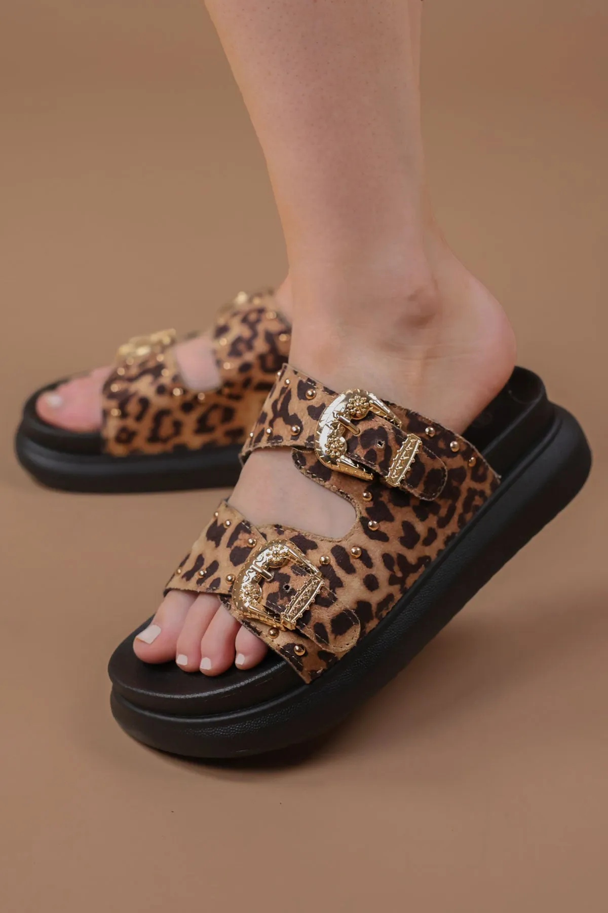 Leopard Suede Chunky Studded Buckle Sandals