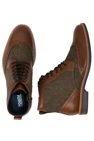 Roamers Tan Leather & Herringbone Tweed Brogue Boots