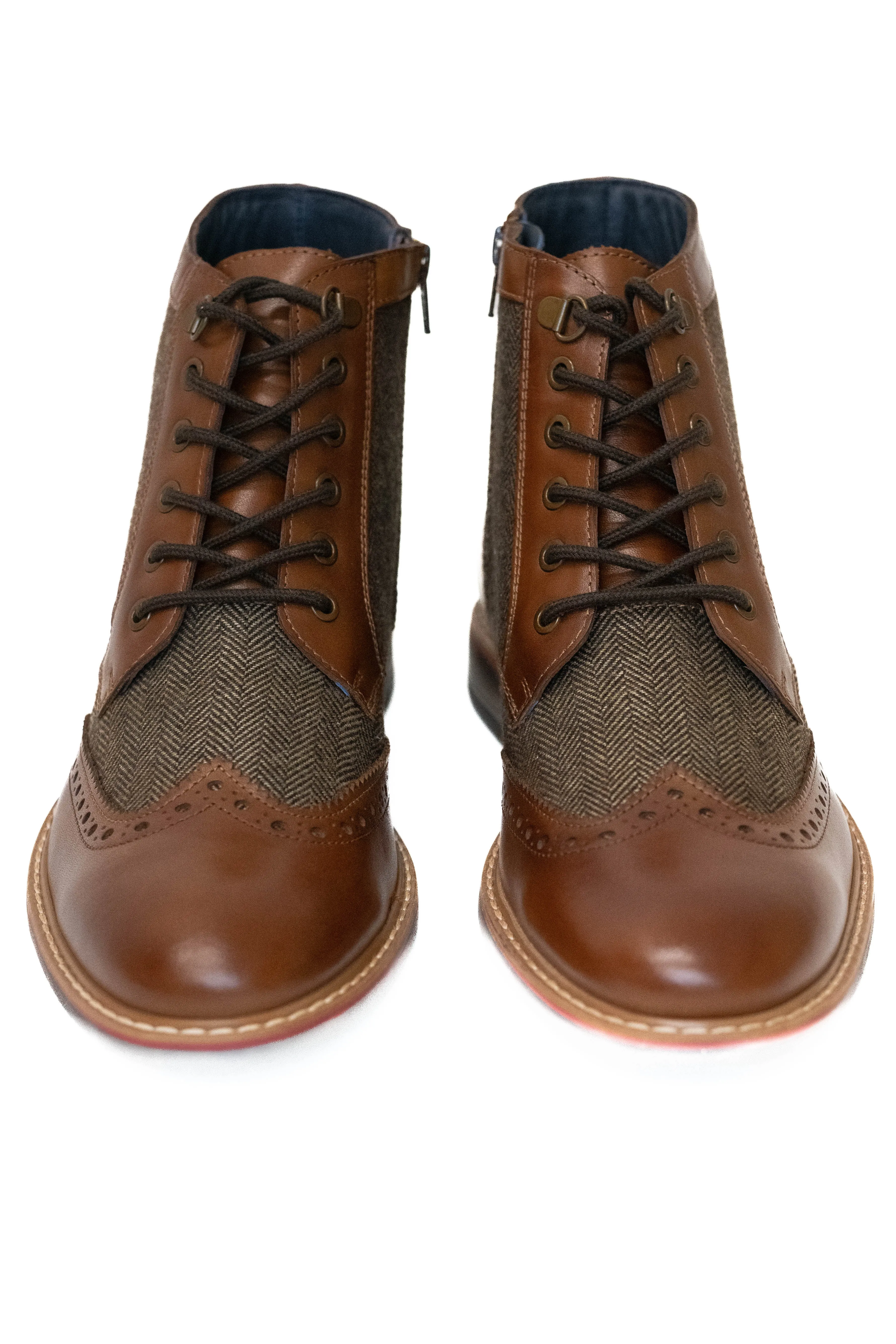 Roamers Tan Leather & Herringbone Tweed Brogue Boots