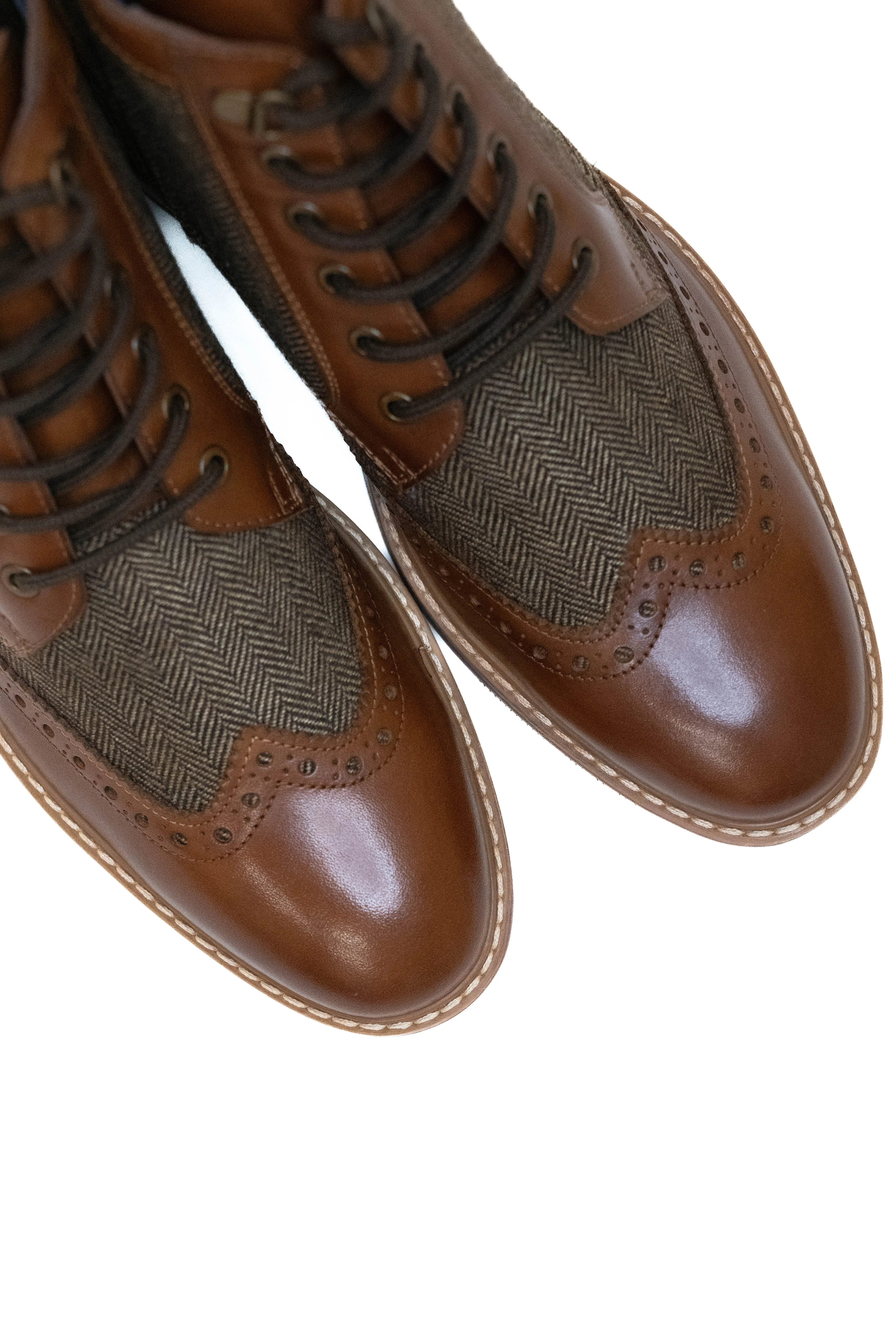 Roamers Tan Leather & Herringbone Tweed Brogue Boots