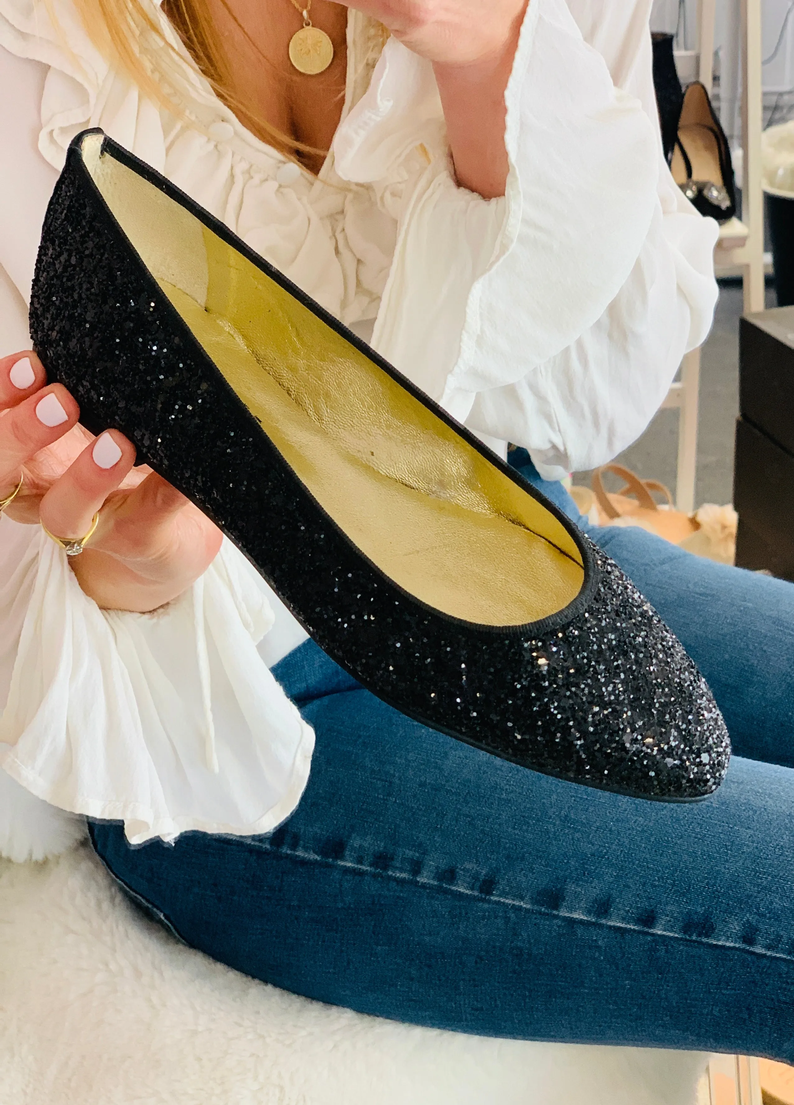 SAMPLE SALE Black Glitter Ballet Pump
