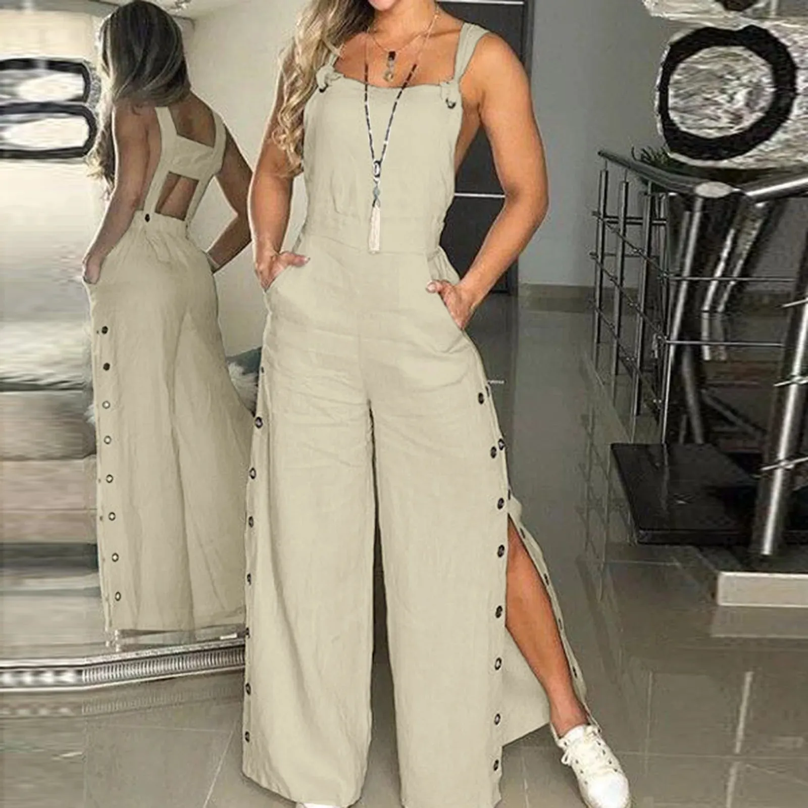 Twisted Knot Cotton Linen Wide Leg Romper