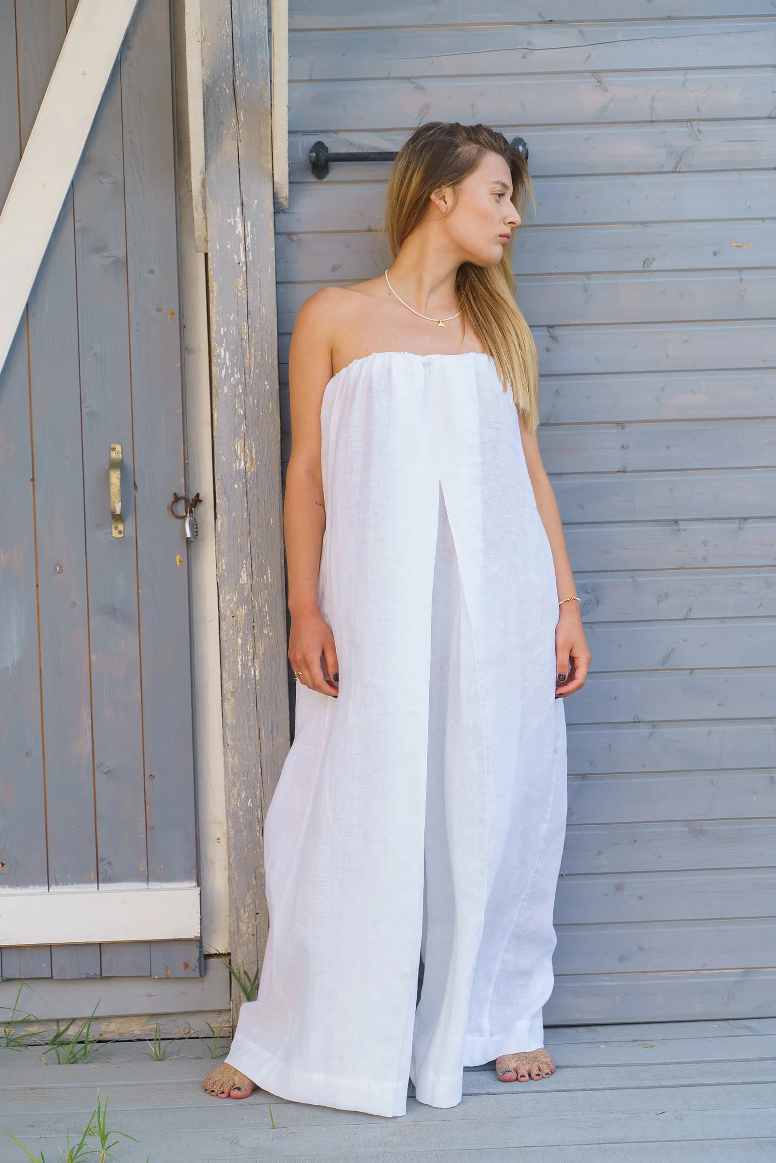 White Strapless Boho Linen Jumpsuit