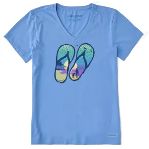 Women's Flip Flops Tropical Sunset Short Sleeve Crusher Vee